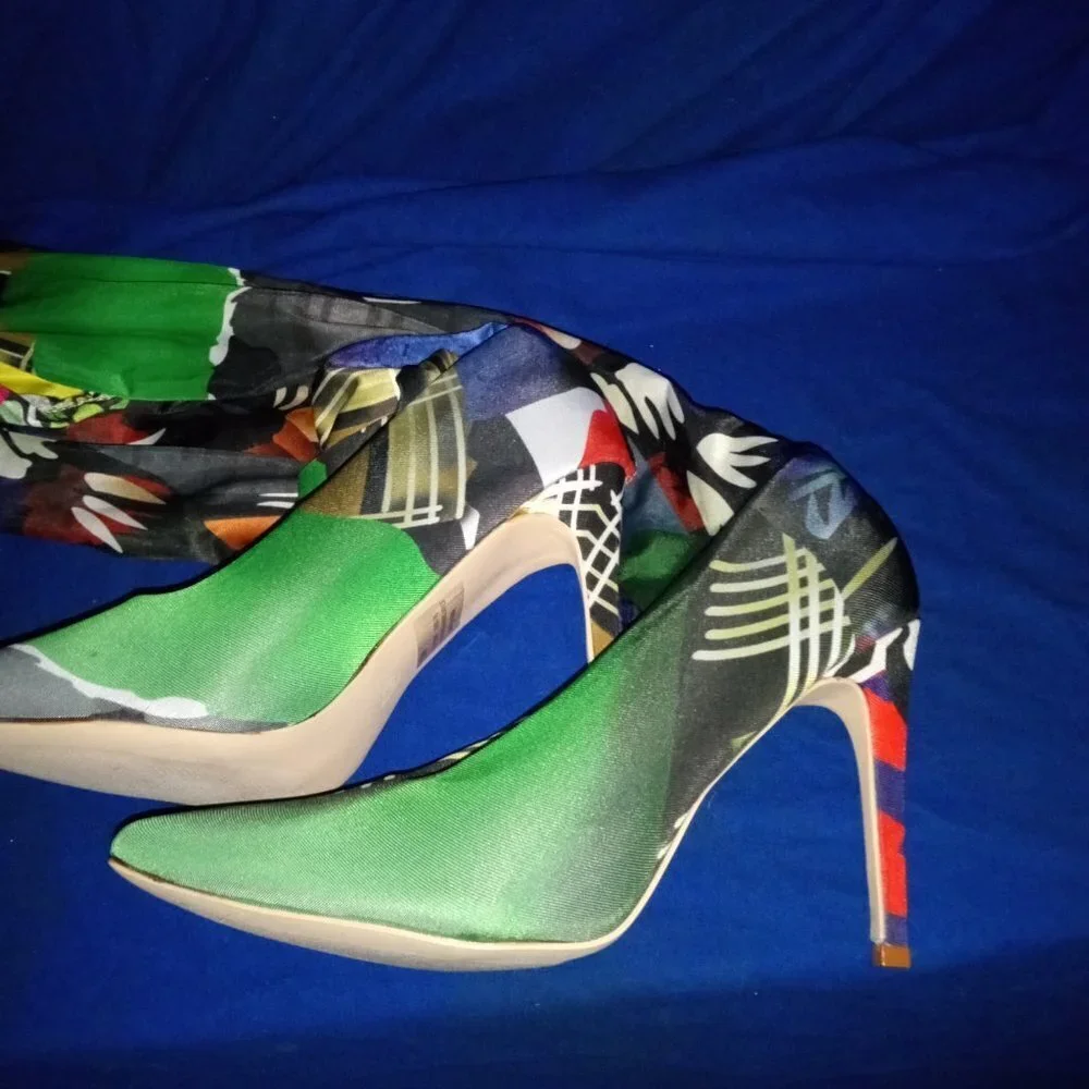 Sexy Printed Stretchy Thigh High Boots Pointy Toe Stiletto Heel ( BRAND NEW ! )